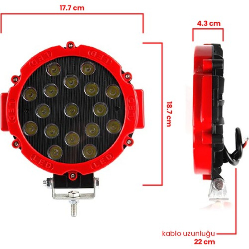 OFF-ROAD PROJEKTÖR 10-30V 7” 17 LED 51 WATT KIRMIZI KASA