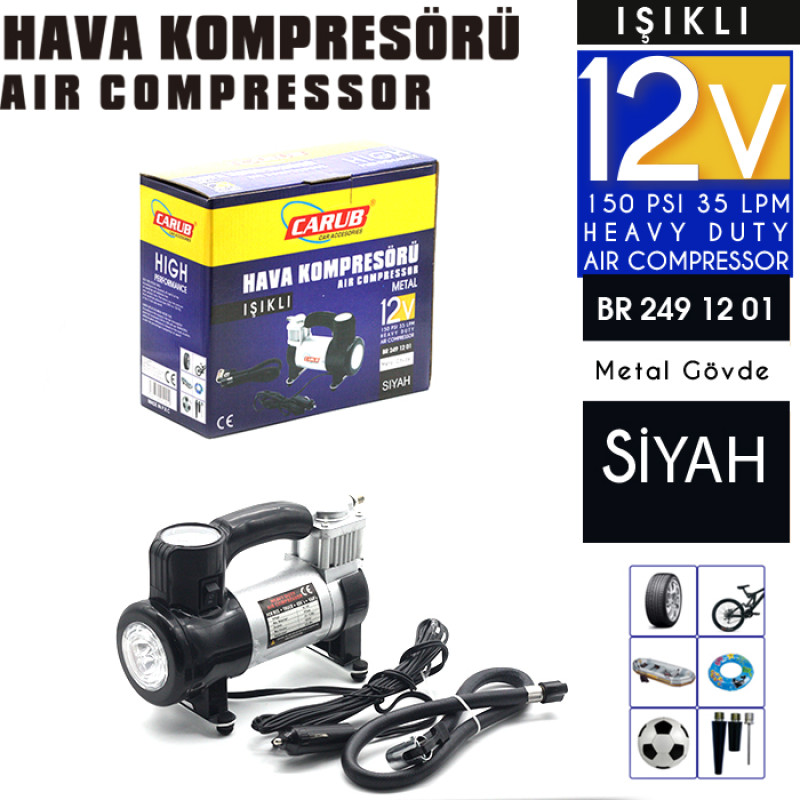 HAVA KOMPRESÖRÜ METAL LED IŞIKLI SİYAH 12V