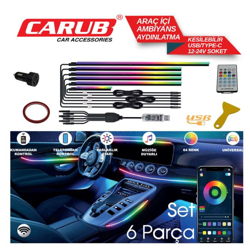ARAÇ İÇİ AMBİYANS WİFİ KONTROL USB 6 PARÇA