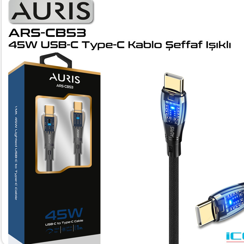 AURIS ARS-CB53 USB-C TYPE-C ŞARJ KABLOSU ŞEFFAF IŞIKLI 45W