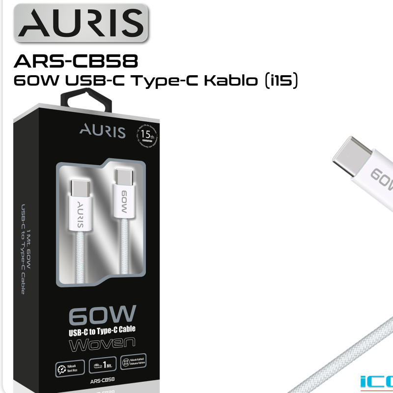AURIS ARS-CB58 USB-C TYPE-C (İ15) ŞARJ KABLOSU 60W