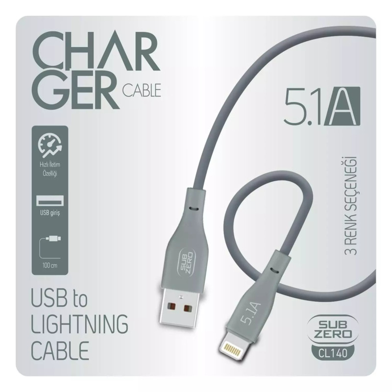 SUBZERO CL-140 LIGHTNING HIZLI ŞARJ KABLOSU 5.1A 1 METRE