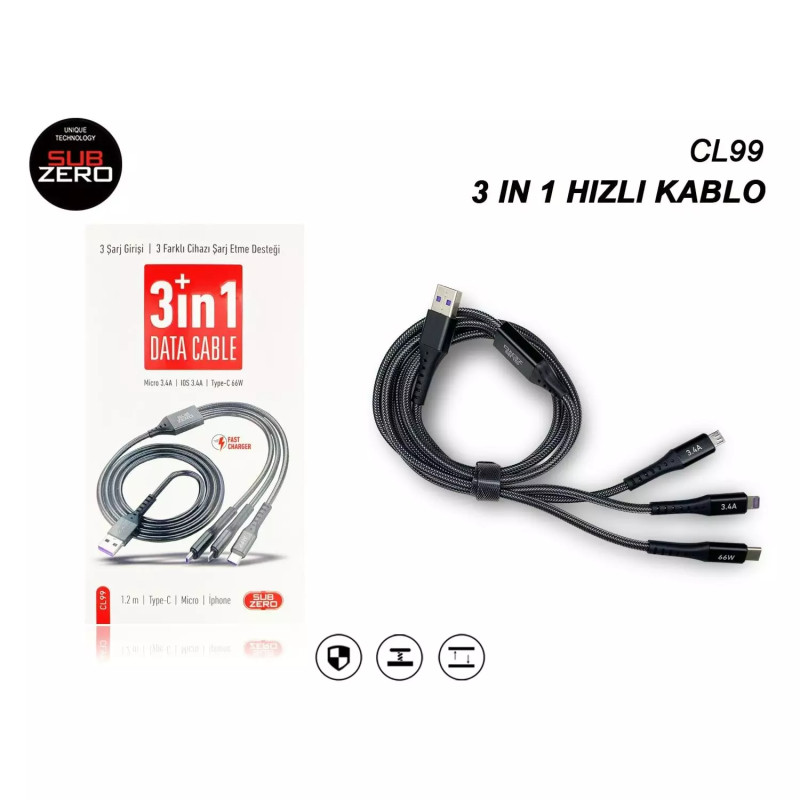 SUBZERO CL-99 3 IN 1 ŞARJ KABLOSU SALİSE GÖSTERİR 66W