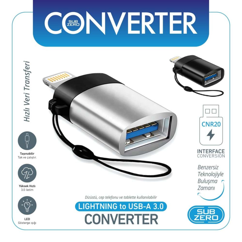 SUBZERO CNR-20 LIGHTNING TO USB-A 3.0 DÖNÜŞTÜRÜCÜ METAL