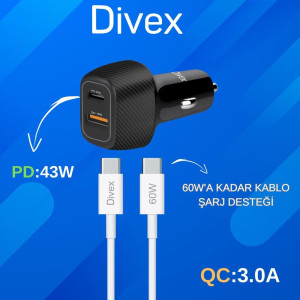 DİVEX DA-314 PD 43W 3.0 ARAÇ ŞARJI + USB-C ŞARJ KABLOLU