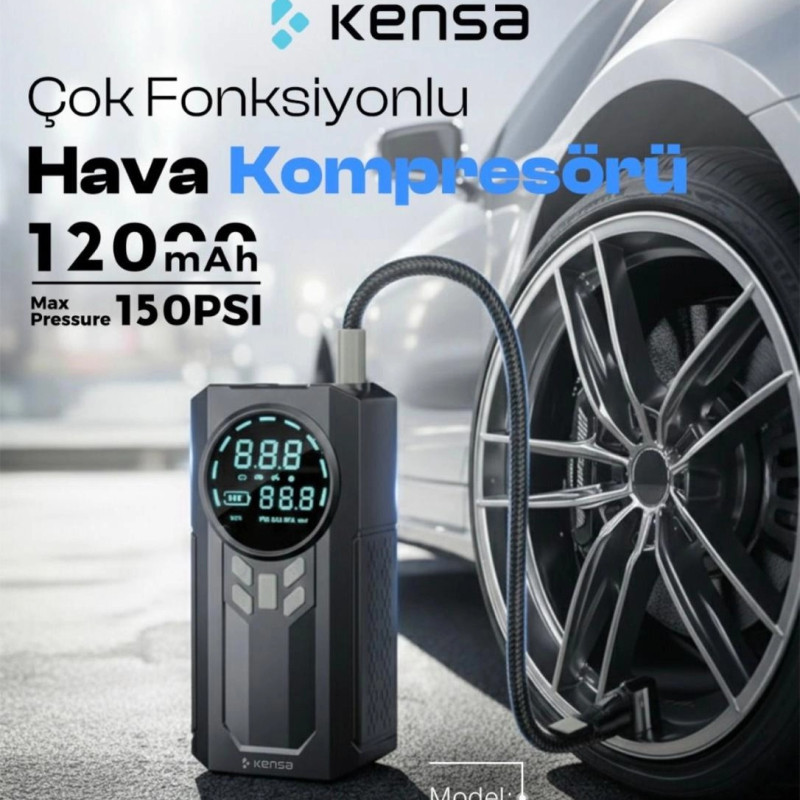 KENSA HP-10 ÇOK FONKSİYONLU HAVA KOMPRESÖRÜ / AKÜ TAKVİYE CİHAZI / POWERBANK / EL FENERİ 120 mAh 150 PSI