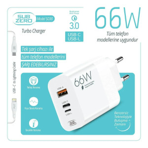 SUBZERO SG-90 66W USB+PD+LIGHTNING KABLOLU TURBO ŞARJ ALETİ