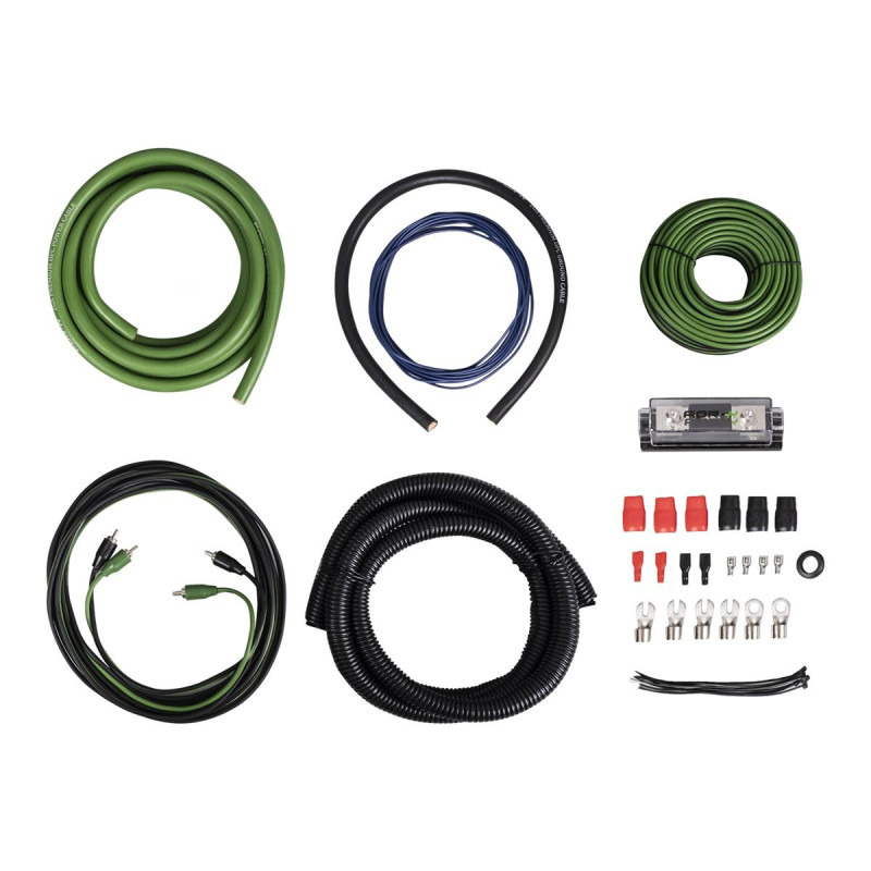FOR-X XC-2 OFC 4.5 Meter of 2GA Green Power Cable 0.6 Meter of 2GA Black Ground Cable 5 Meter Audio RCA Cable 10 Meter of 14GA Paired Speaker Wire 5 Meter Remote Turn-on Wire AFS Fuse Holder with 250 Amp Fuse Assorted Installation Hardware