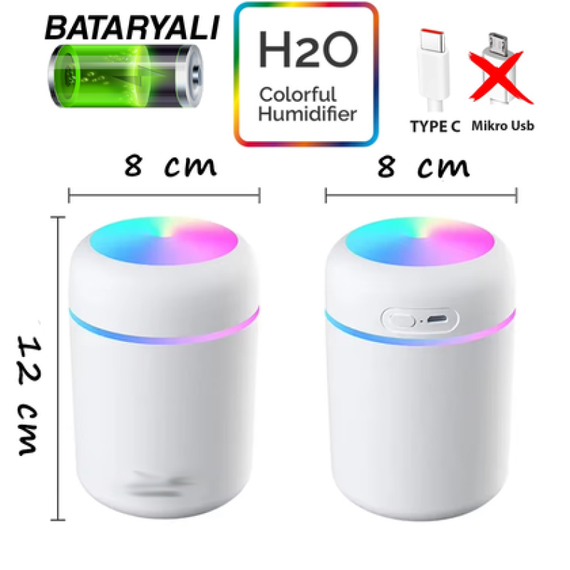 Araç İçi Nemlendirici Bataryalı/Şarjlı Model H2o Rgb Beyaz Buhardanlık