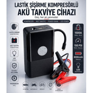 Kompresörlü Akü Takviye Cihazı Powerbank+Led Çok Fonksiyonlu