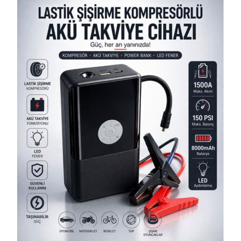 Kompresörlü Akü Takviye Cihazı Powerbank+Led Çok Fonksiyonlu