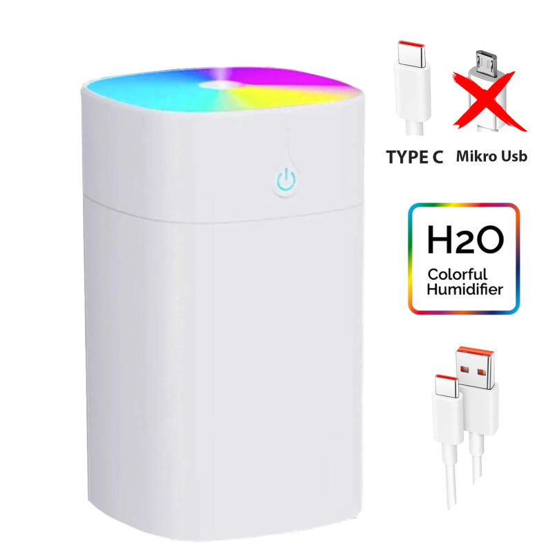 Araç İçi Nemlendirici 400ml Kare Model Kablolu H2o Rgb Beyaz Buhardanlık