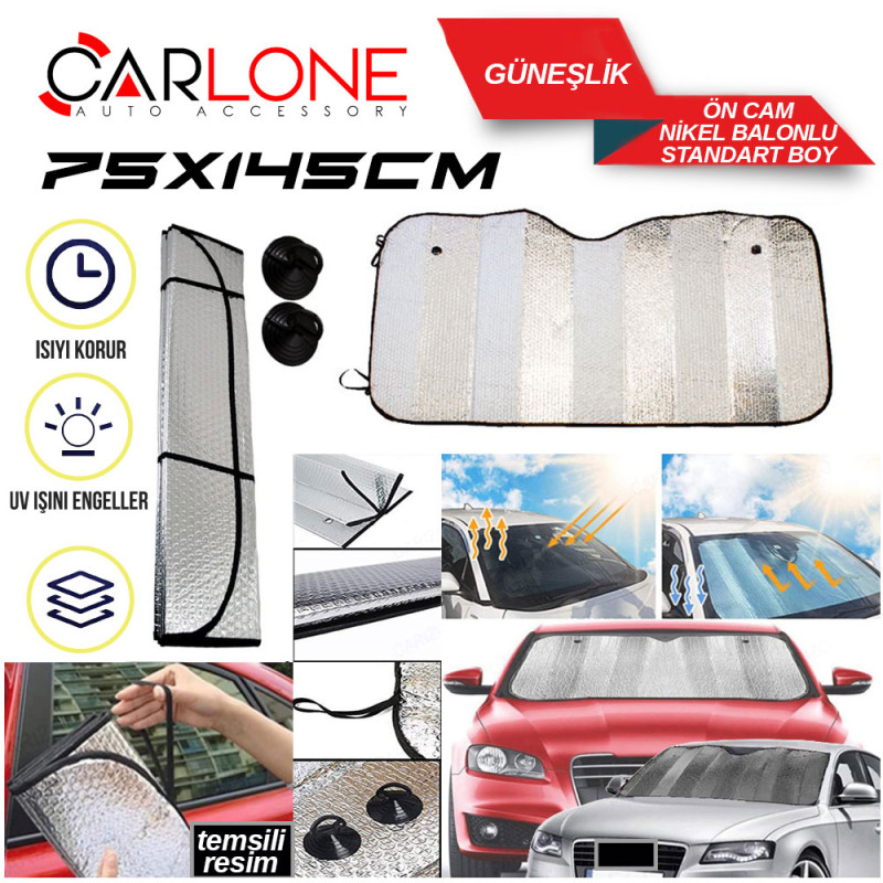 Oto Cam Güneşlik Ön Büyük Lüxs Nikel Balonlu 75x150cm