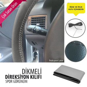 Dikmeli Direksiyon Kılıfı Deri Gri Dikişli