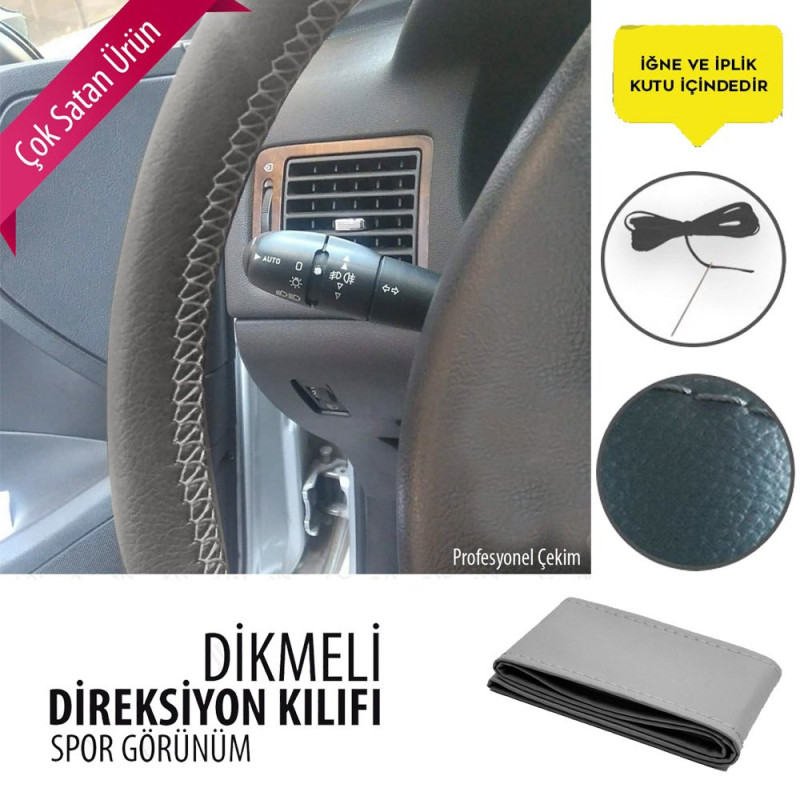 Dikmeli Direksiyon Kılıfı Deri Gri Dikişli