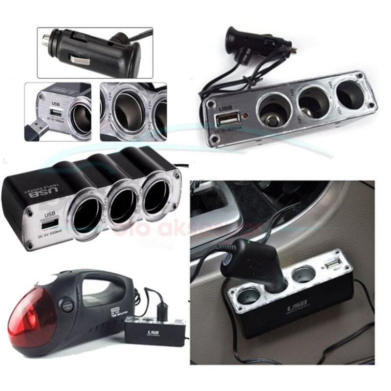 Araç İçi Çakmak Çoklayıcı Çoğaltıcı 3 Lü USB li 12 Volt Kablolu