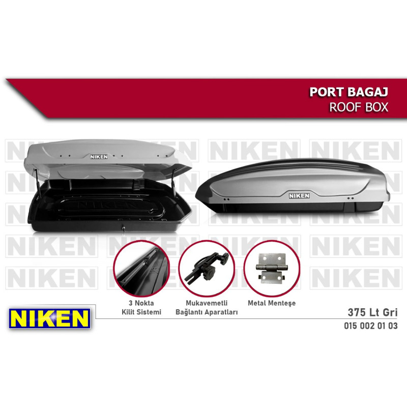 Niken Araç Üstü Port Bagaj Kapalı Tabut 3 Kilitli 375 LT Gri
