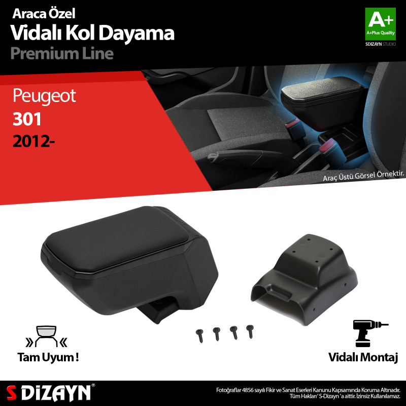S-Dizayn Peugeot 301 ABS Vidalı Kol Dayama Kolçak Siyah 2012-2017 A+Kalite