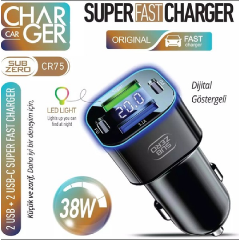 ARAÇ ŞARJ BAŞLIĞI 2 USB*2 PD SÜPER HIZLI DİJİTAJ GÖSTERGELİ RGB