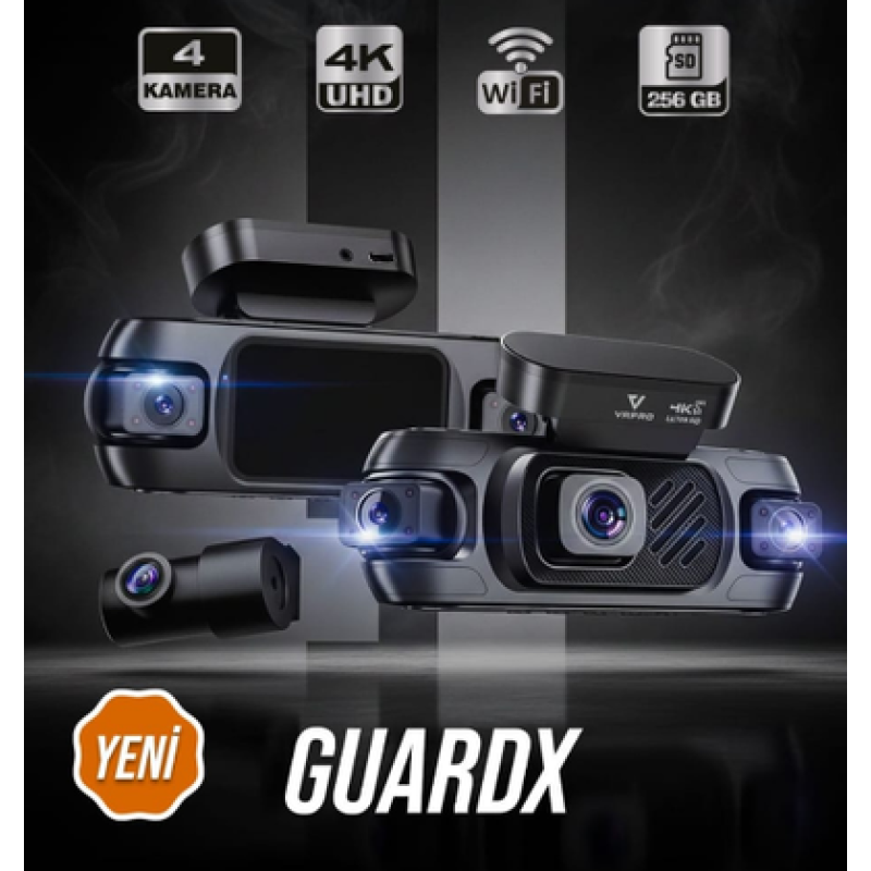 ARAÇ KAYIT KAMERASI 4 KAMERALI 3'' EKRAN 4K+2K*3-G SENSOR-24H PARKIN VRPRO GUARDX