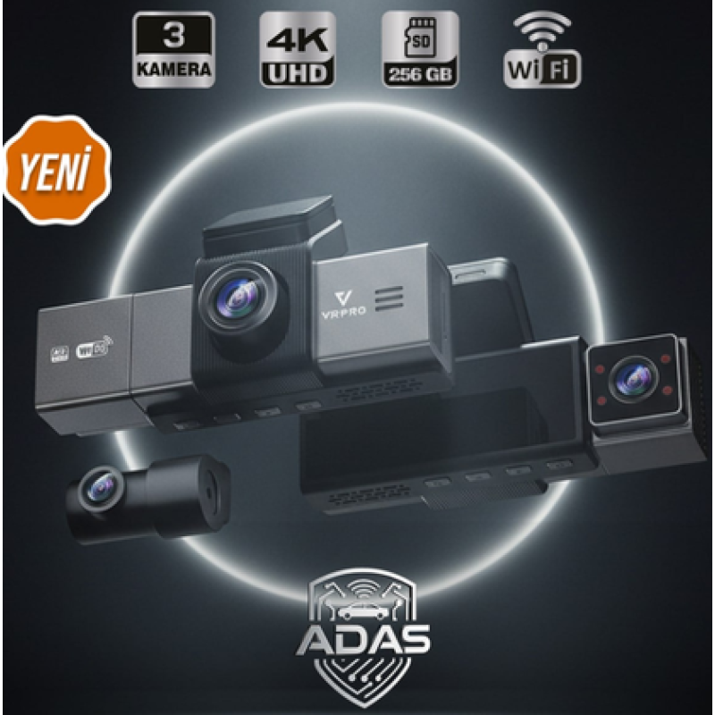 ARAÇ KAYIT KAMERASI 3 KAMERALI 3.2'' EKRAN ADAS+BSD-4K+2K+2K--WIFI-24H VRPRO VRX