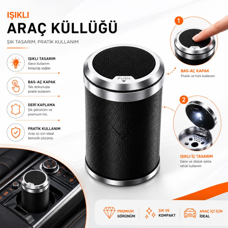Deri Kaplama Işıklı Küllük Siyah / ICKU60