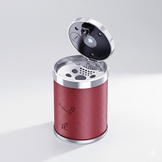 Space Premium Işıklı küllük deri kaplamalı Şık basmalı bordo araç içi küllük