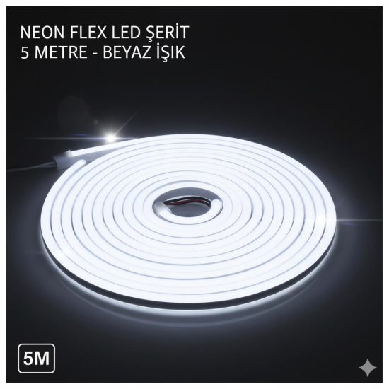 Neon şerit led 12v 8x16 mm 5 metre kesilebilir bağlantı aparatlı beyaz