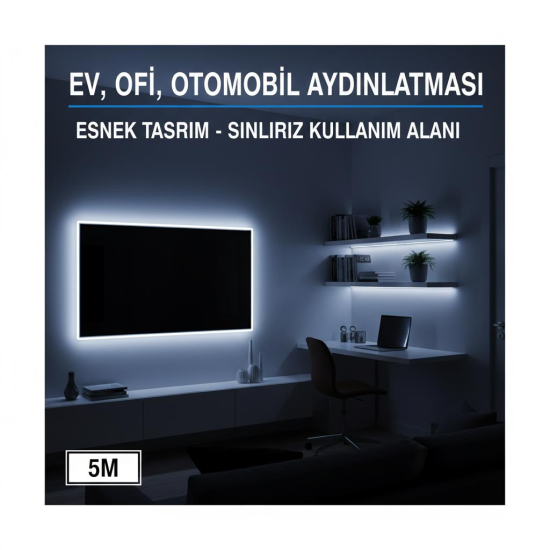 Neon şerit led 12v 8x16 mm 5 metre kesilebilir bağlantı aparatlı beyaz