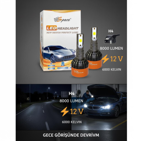 Space 12V 8000LM Beyaz H4 Led Far Ampulü (48W)