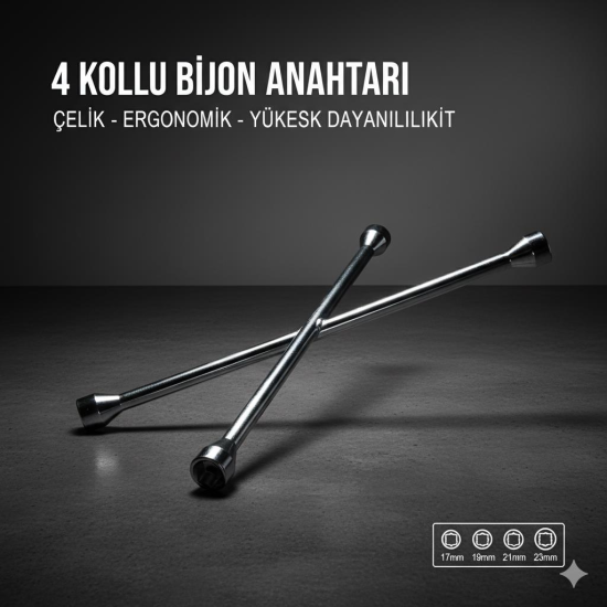 Space Güçlendirilmiş Çelik 4'lü Bijon Anahtarı Paslanmaz Krom Kaplama