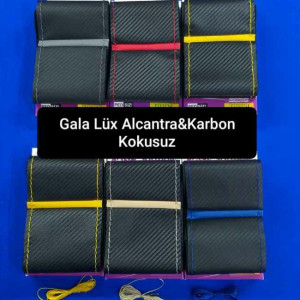 DİKİŞLİ DİREKSİYON KILIFI SİYAH ALCANTRA KARBON SARI YÜZÜKLÜ